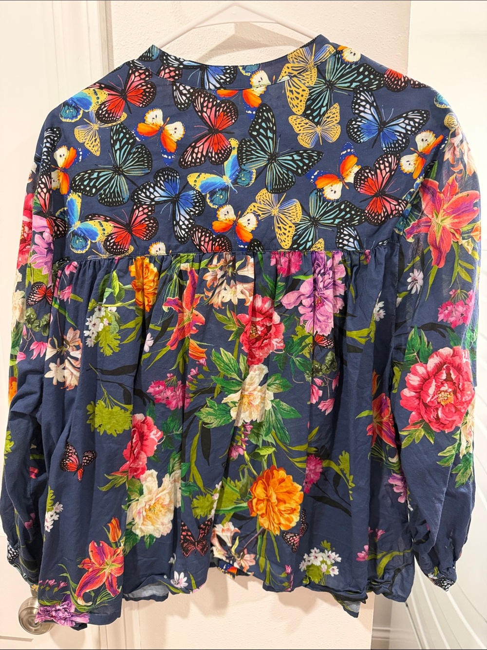 Johnny Was Navy Floral Button-Front Blouse with Butterfly Print - Picture 3 of 7
